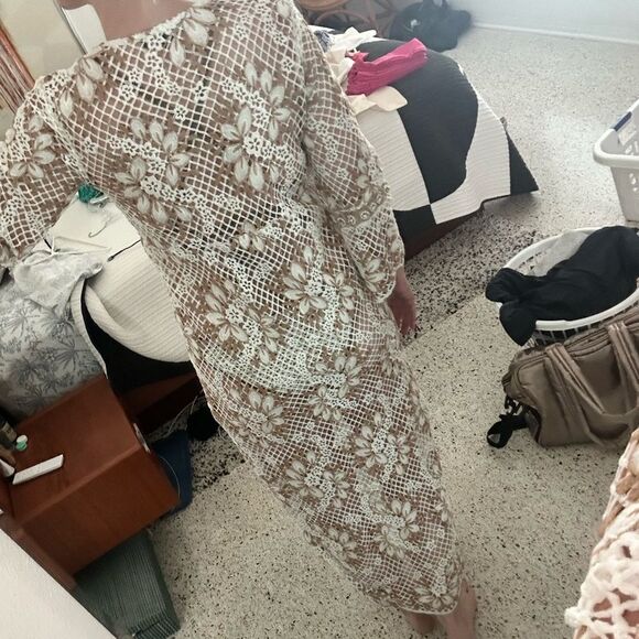 Boston Proper white tan neutral duster crochet beach swim coverup XS - Picture 4 of 8